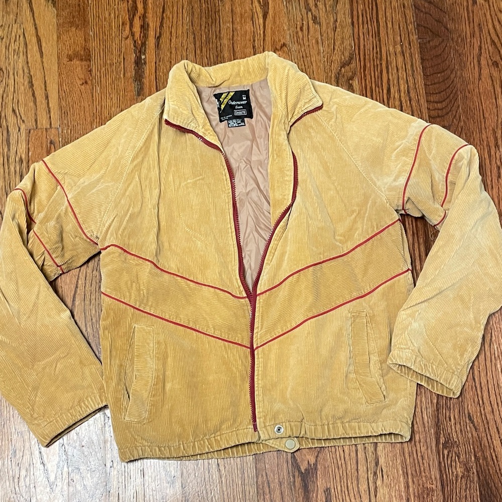 Vintage Tan Corduroy Jacket with Red Accents